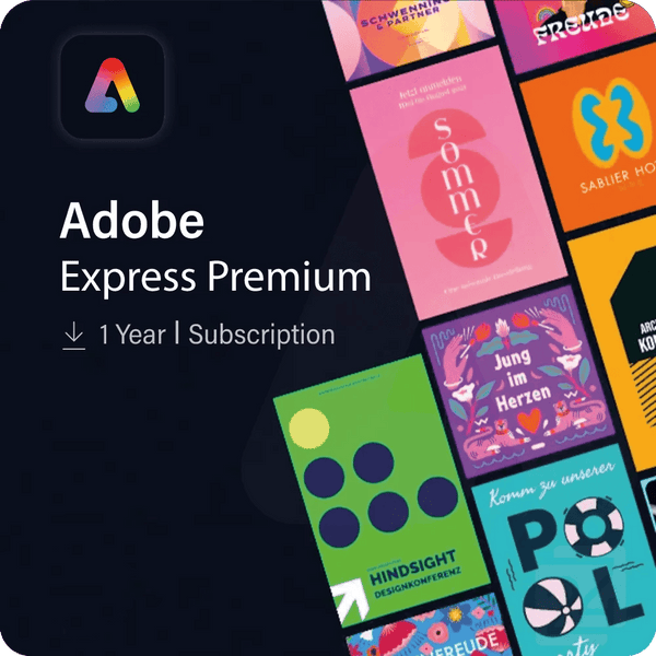 Adobe Express Premium software interface displayed on a computer screen, showcasing design tools and features by Softdino.