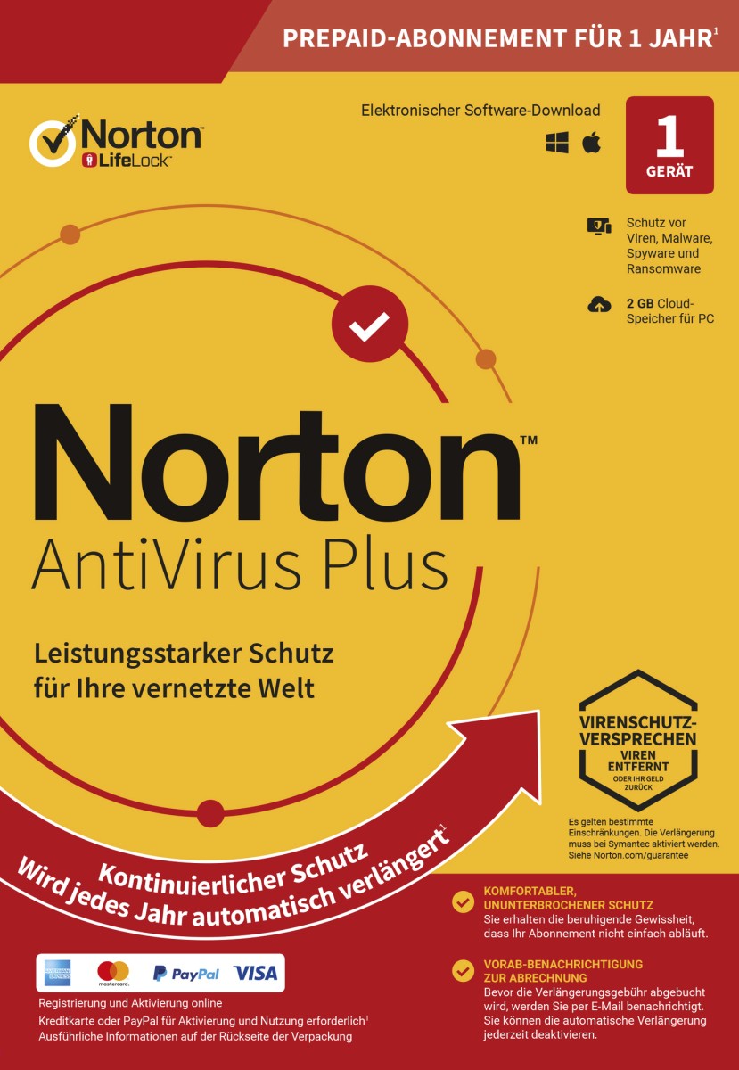 Norton AntiVirus Plus 2025 – Echtzeitschutz für PC & Mac gegen Viren und Cyber-Bedrohungen.