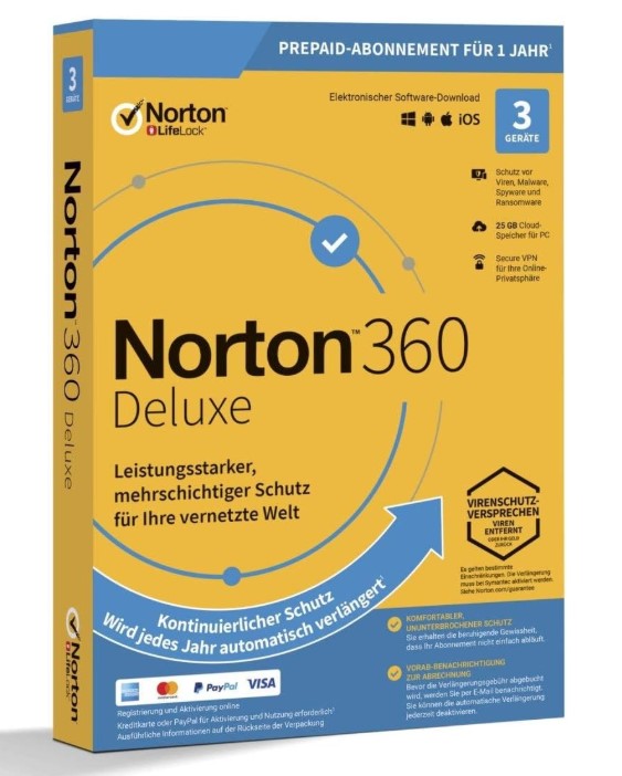 Norton 360 Deluxe – Lizenz für 3 Geräte mit VPN, Cloud-Backup & Passwortschutz
